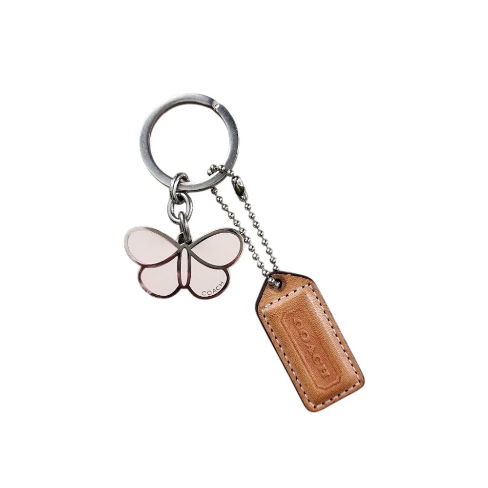 COACH Y2K Butterfly Bag Charm Pink Enamel Keychain Tan Vachetta Leather Hangtag